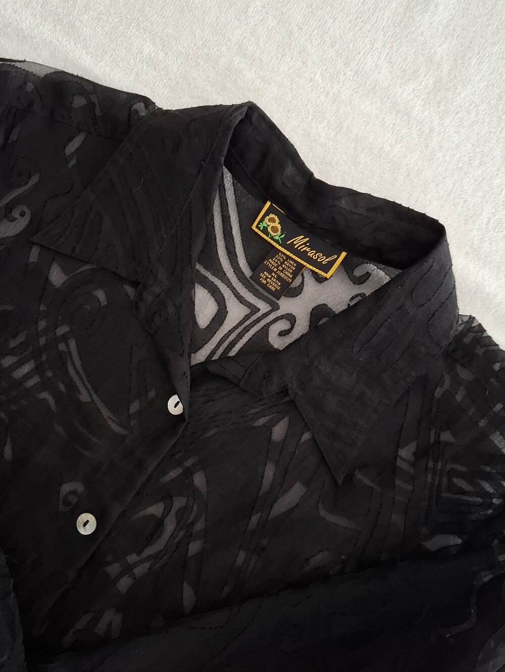 Mirasol Women's Black Semi-Sheer Abstract Burnout  Blouse 3/4 Sleeve XL NWT